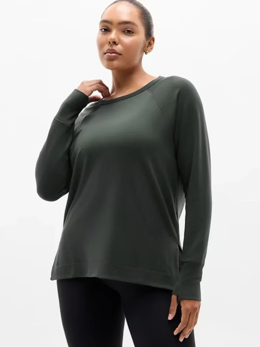 Athleta Coaster Luxe Recover Sweatshirt Fleece Long Sleeve Elm Green Lounge XL - Picture 2 of 10